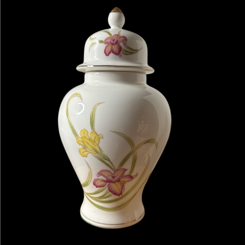 Floral Ceramic Ginger Jar with Lid - Green, Yellow, Pink flowers. (4-N)